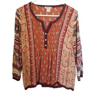 Lucky Brand Boho Peasant Blouse – Paisley & Stripe Mixed Print Top PLUS SIZE 1X